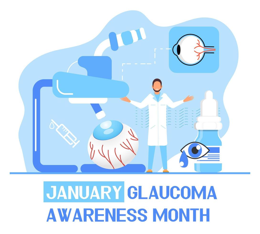 Glaucoma Awareness Month is celebrated in USA in January. Lenticular opacity diagnosis. Ophthalmologist eyesight check up with tiny people character. Optometric healthcare vector