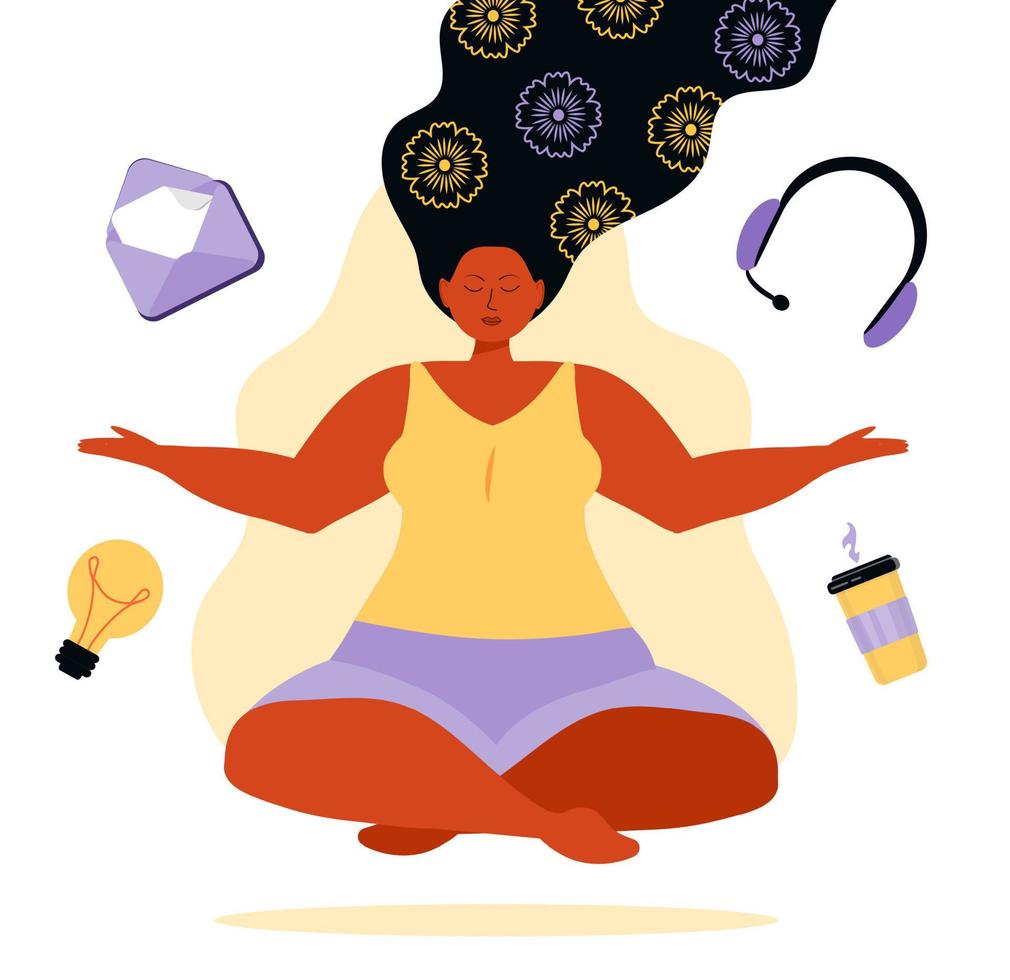 Business yoga concept illustration. Office meditation, self-improvement, controlling mind and emotions, zen relax concentration yoga practice. vector