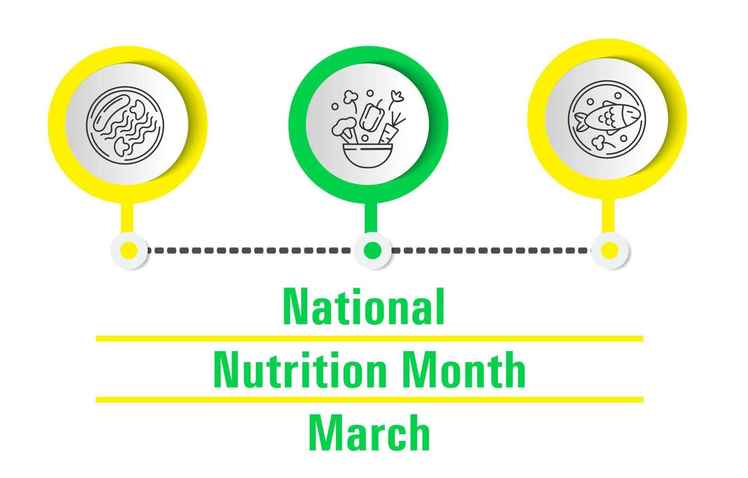 National Nutrition Month concept vector. Event is celebrated every March. Healthy and unhealthy food are shown. Sausage with pasta and mushrooms on a plate. Cauliflower, peppers, carrots vector