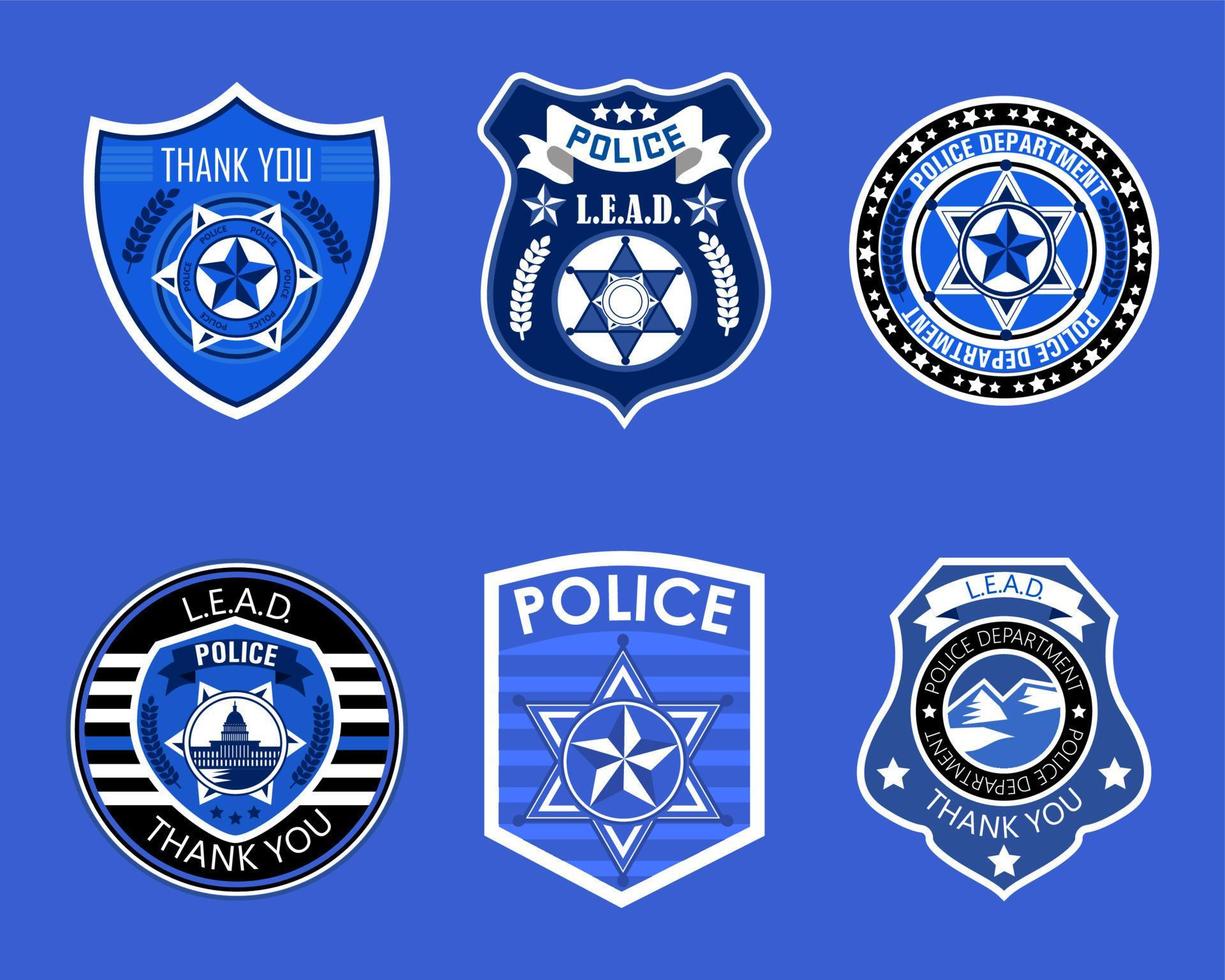 Police badges set vector. Sheriff, marshal label illustrations. Law enforcement emblems for national days. Ranger, policeman medallions. Blue matter signs, stickers of security vector