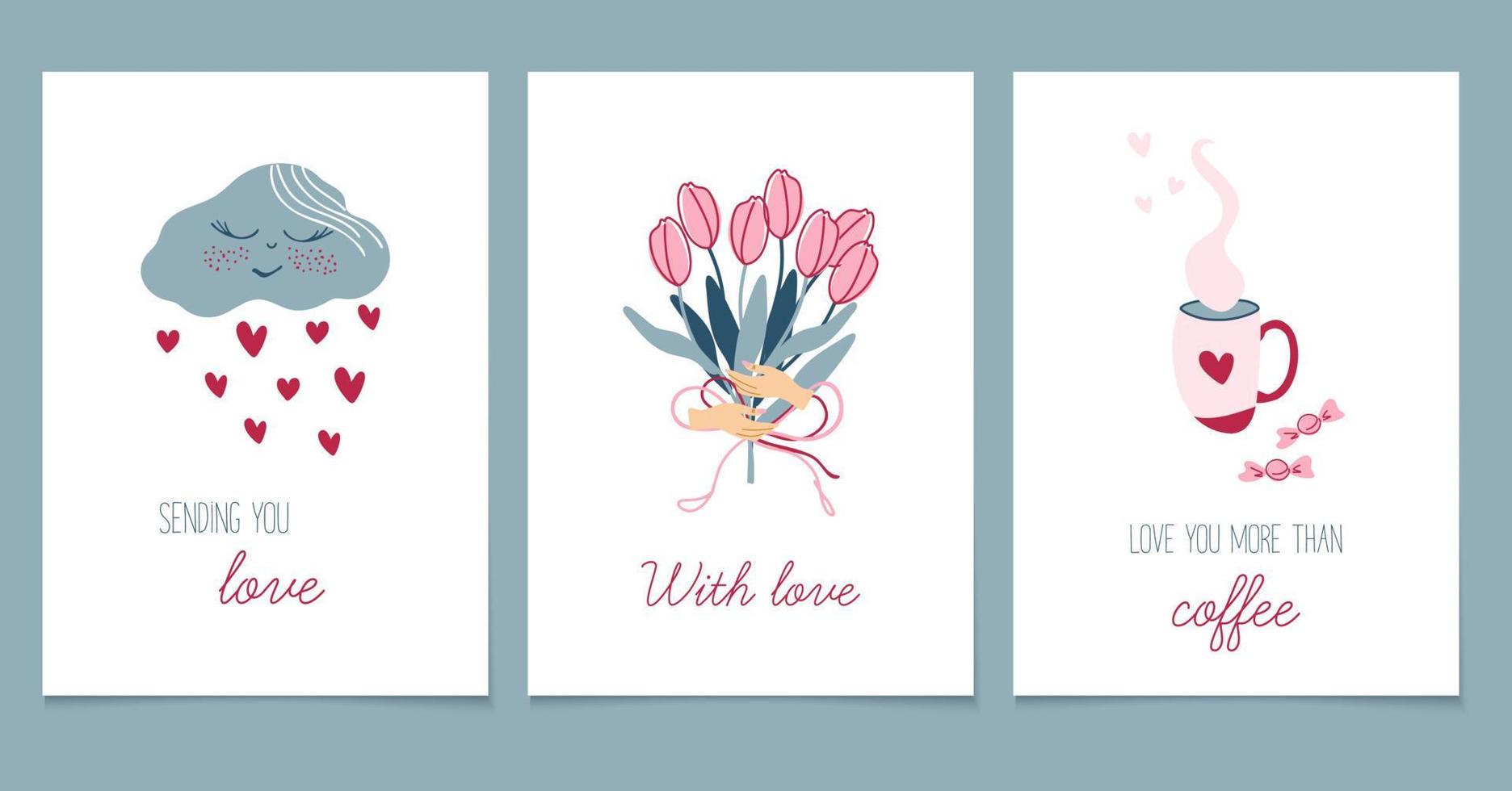 Happy Valentine's Day. Cute romantic card templates. Flat style vector illustrations.