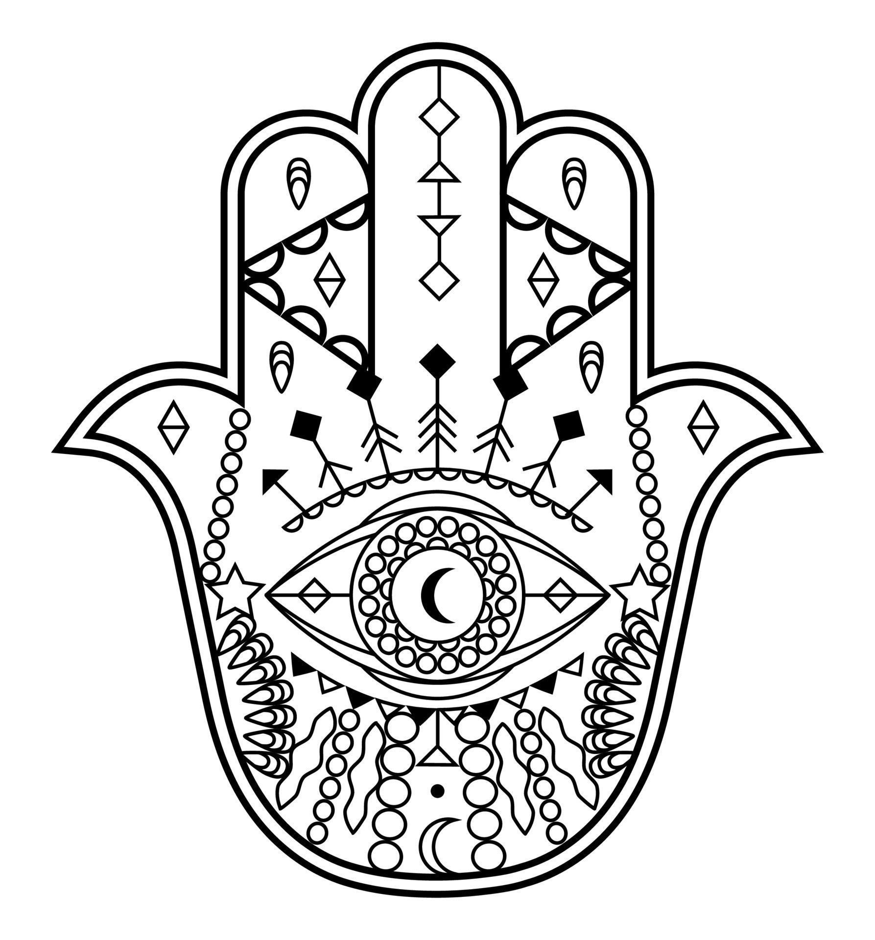 Hamsa hand vector with mystical, esoteric symbols like pyramid, evil ...