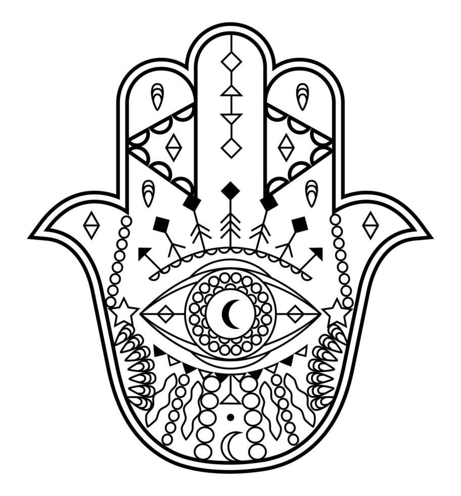 Hamsa hand vector with mystical, esoteric symbols like pyramid, evil eye. Indian color page, tattoo, henna illustration. Wicca, astrological, occult art.
