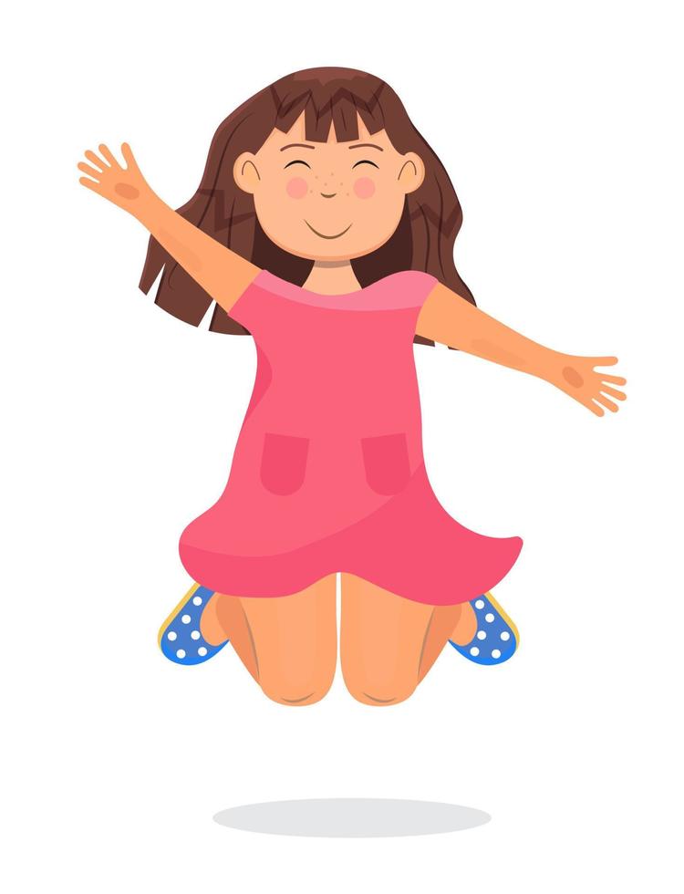 Happy school European kid jumping. Cartoon character has fun, runs, jumps, plays. Caucasian girl illustration vector