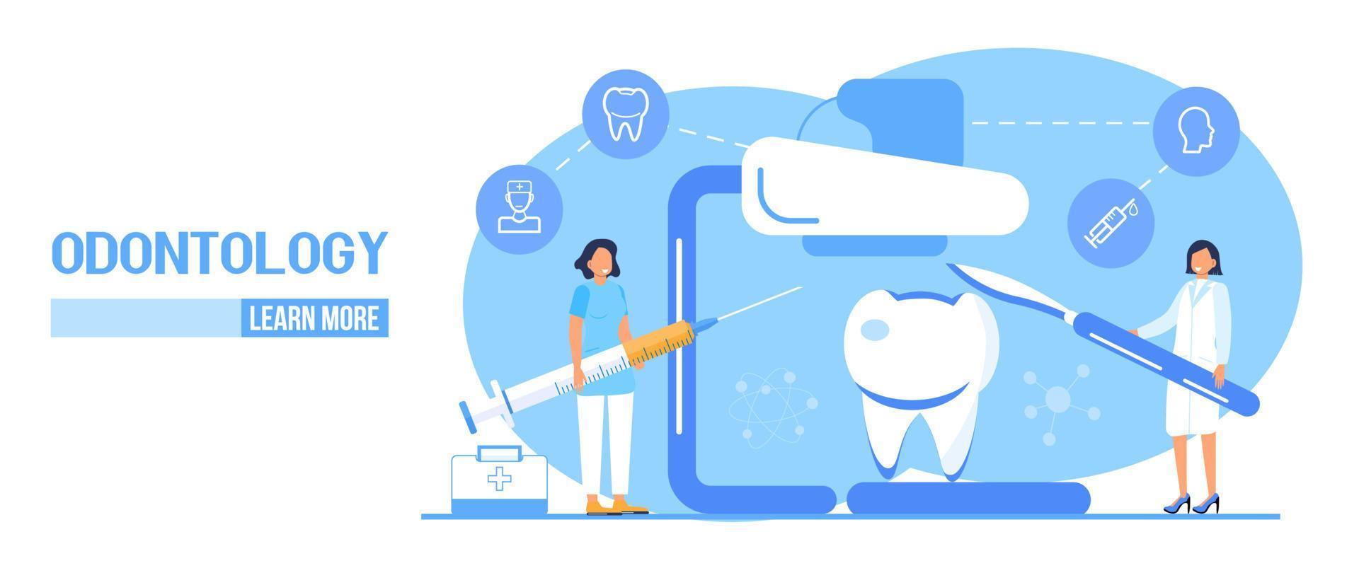 Dental services vector concept for landing page. Dentists make x-ray scan of teeth to help toothache, to whiten enamel or recovery implant.