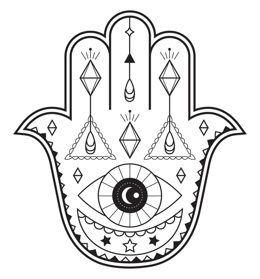 vector de mano hamsa con símbolos místicos y esotéricos como pirámide, mal de ojo. página de color indio, tatuaje, ilustración de henna. wicca, arte astrológico, oculto.