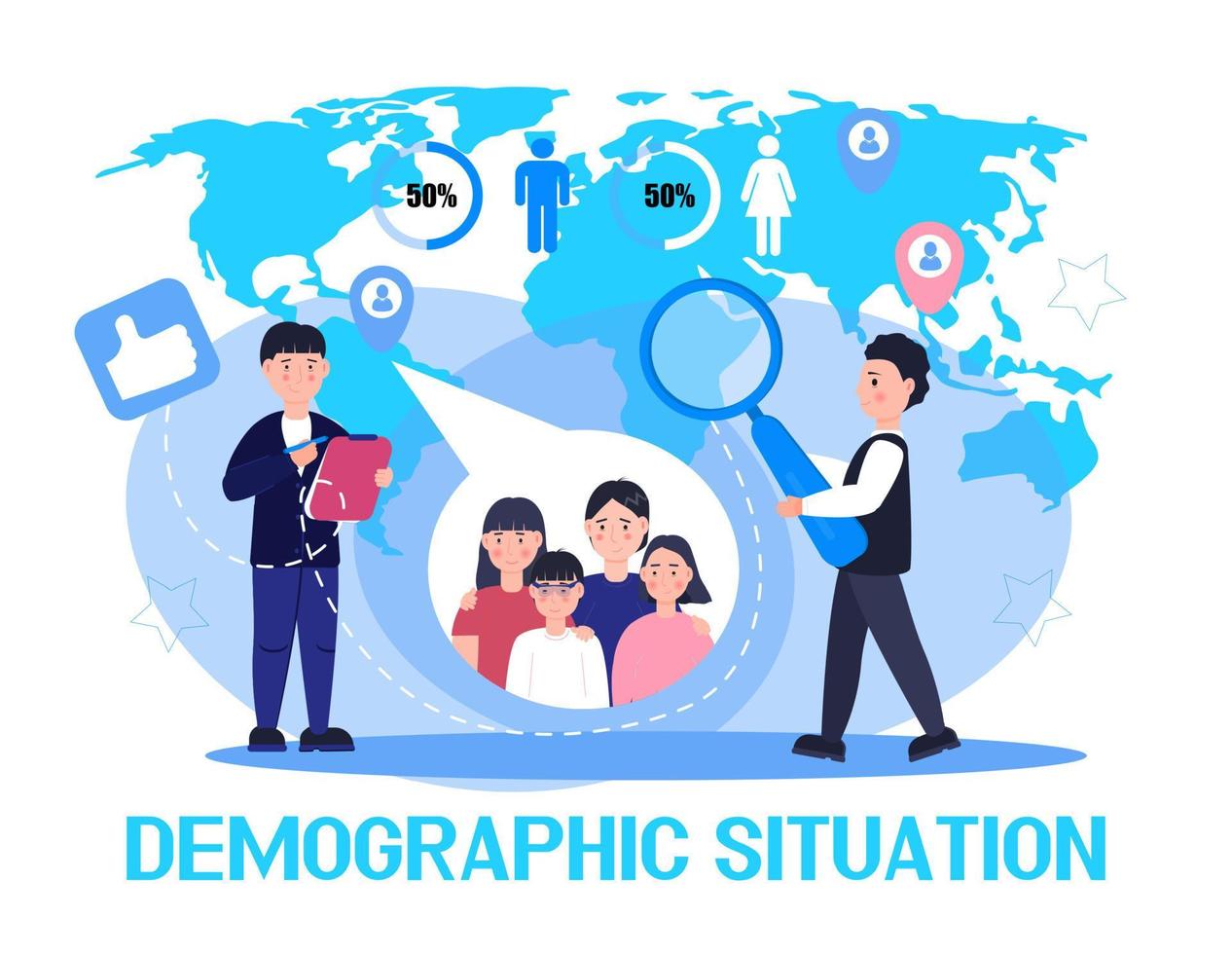 Demographer concept vector for landing page. Growth population in the world. Demographic experts analyzing data numbers of women, men, families. Diagrams, map, label