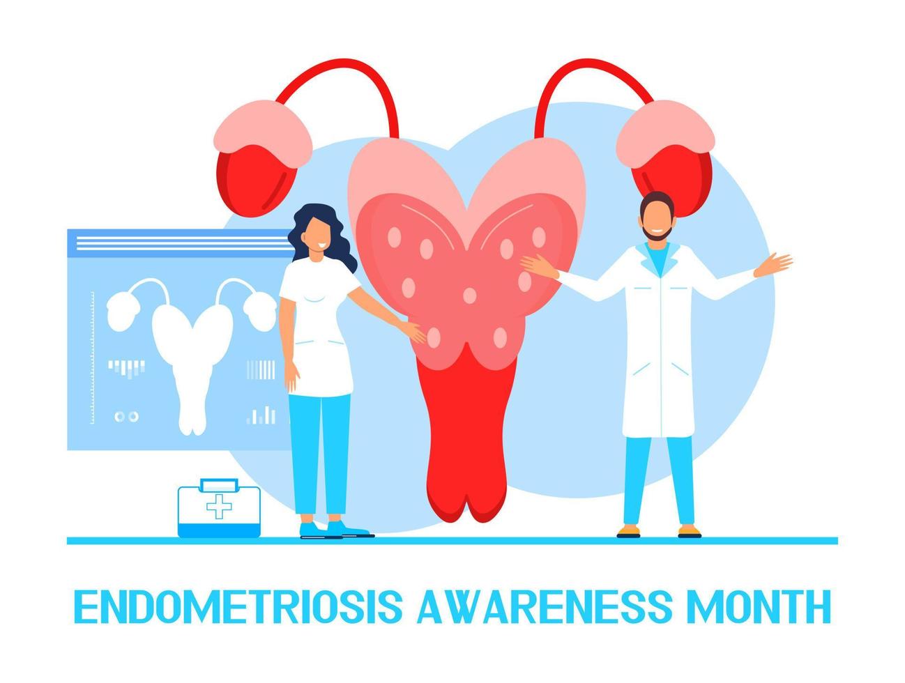 vector de concepto de mes de conciencia de endometriosis. en marzo se celebra el evento de atención de la salud. pequeños médicos examinan el útero, el útero con lupa