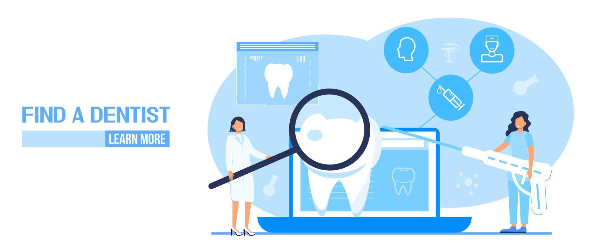 Dental services vector concept for landing page. Dentists make x-ray scan of teeth to help toothache, to whiten enamel or recovery implant.