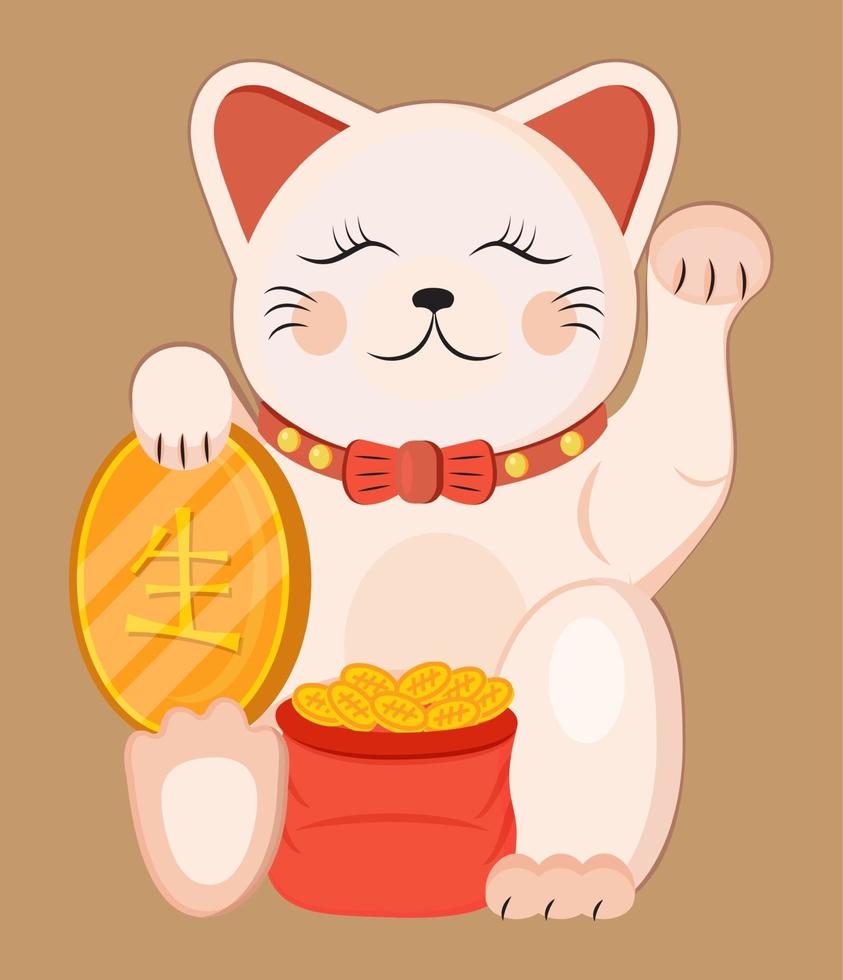 Maneki neko vector isolated on brown background. Lucky cat in japanese traditional culture. Talisman or mascot symbol