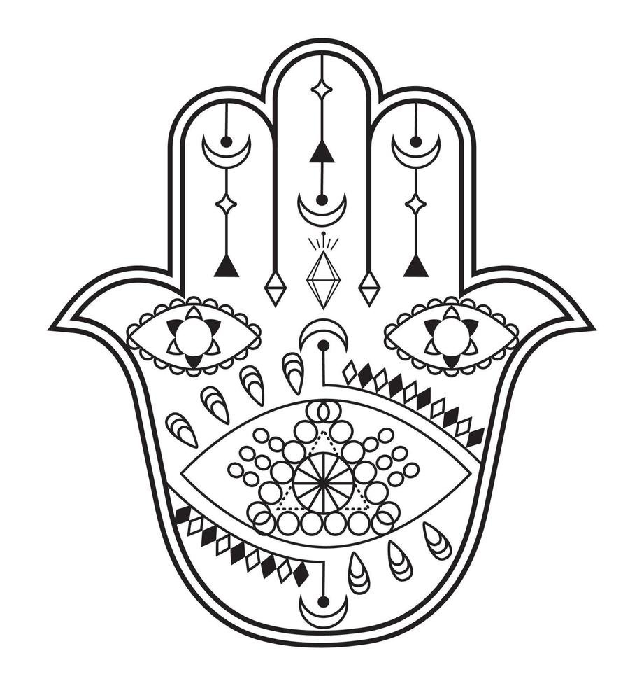 vector de mano hamsa con símbolos místicos y esotéricos como pirámide, mal de ojo. página de color indio, tatuaje, ilustración de henna. wicca, arte astrológico, oculto.