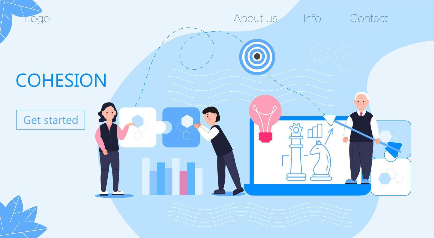 Cohesion of businessmen around same idea, solidarity in teamwork for achievement of best result. Tiny people assemble a puzzle. Metaphor of business target. Human resource vector concept