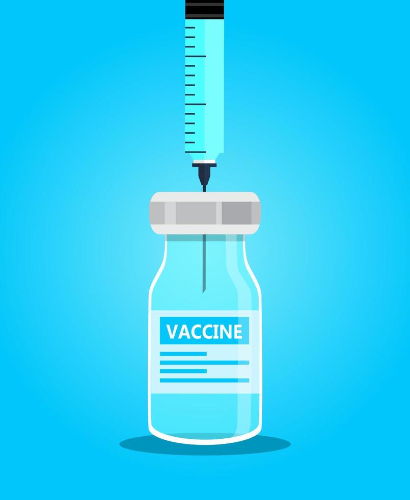 Coronavirus vaccination concept vector. Covid-19 vaccine bottle and syringe injection tool illustration in flat style. Immunization treatment banner vector