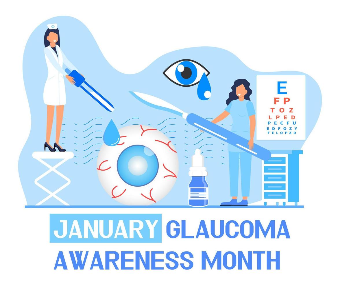 Glaucoma Awareness Month is celebrated in USA in January. Lenticular opacity diagnosis. Ophthalmologist eyesight check up with tiny people character. Optometric healthcare vector