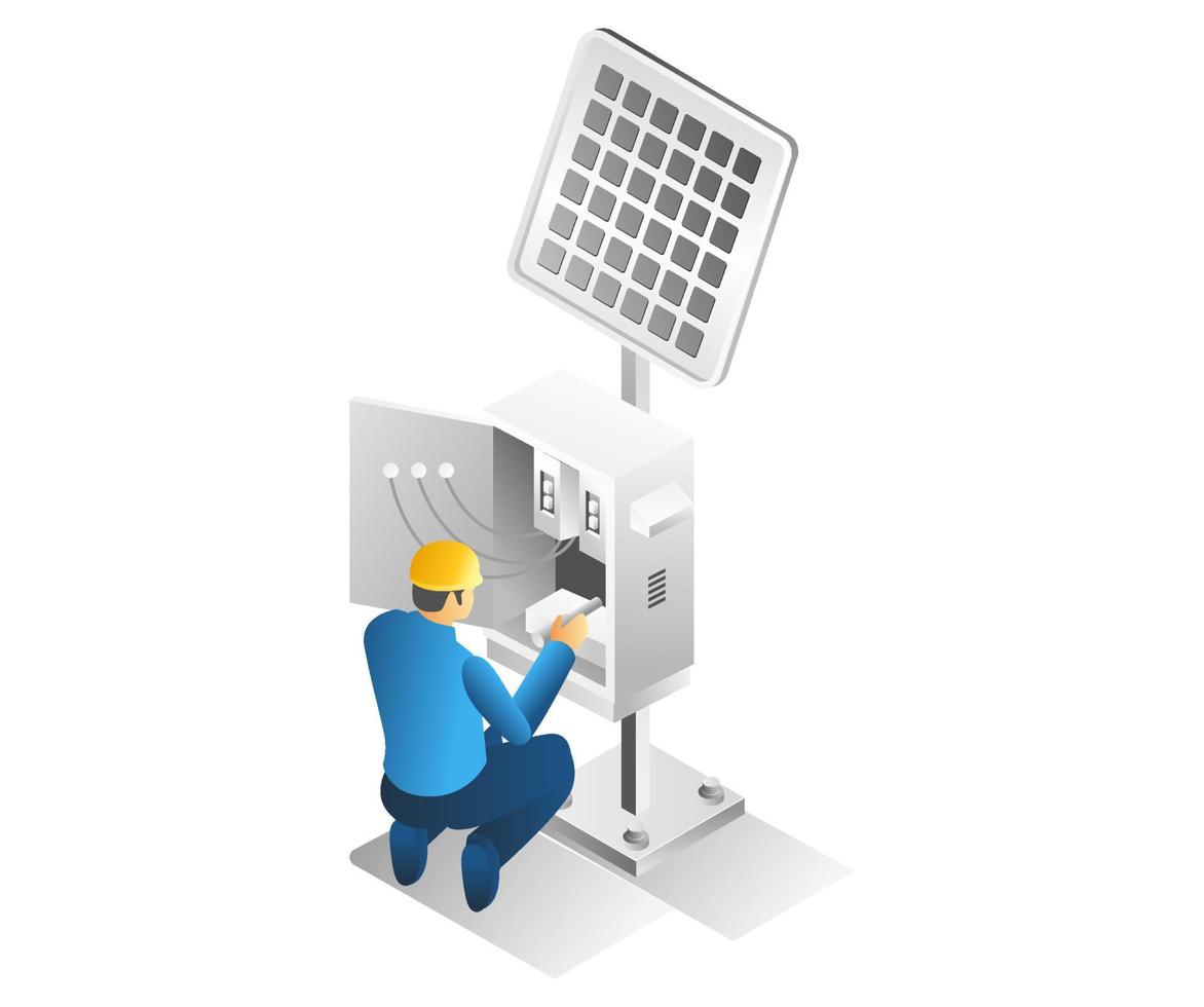 concepto de ilustración 3d isométrica plana del hombre que repara el panel de energía eléctrica solar vector