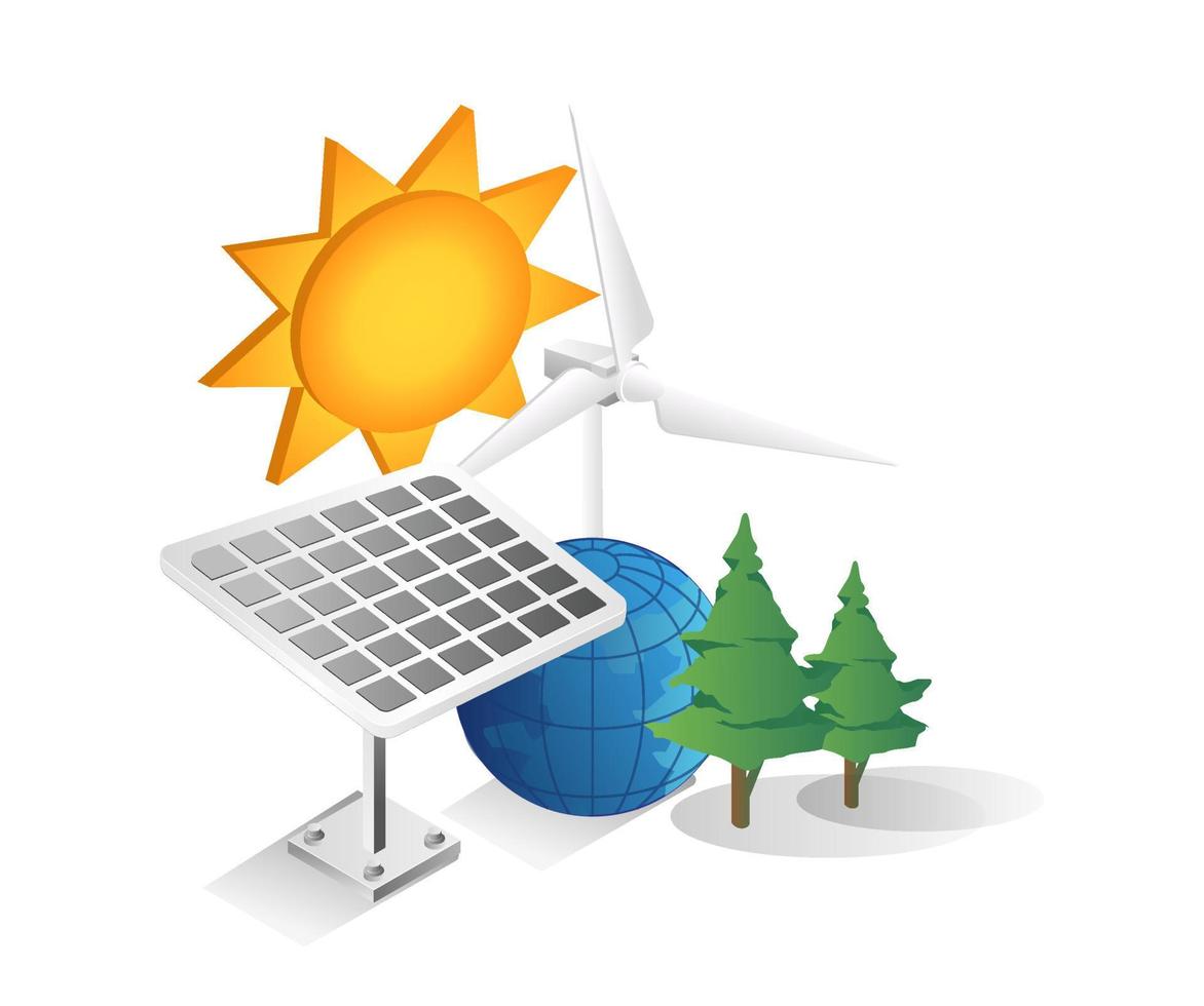 Flat isometric 3d illustration concept eco green solar panel minimalism vector