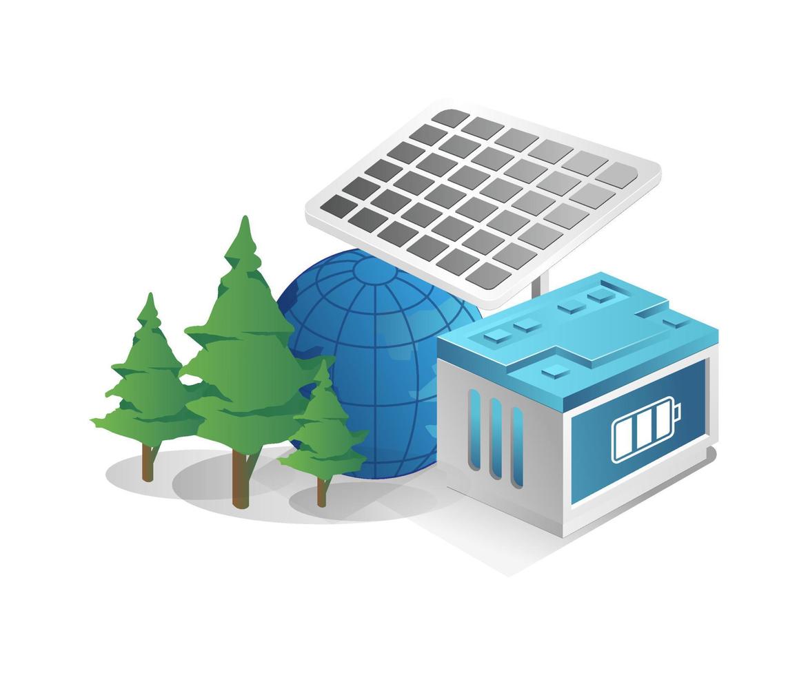 Flat isometric 3d illustration concept eco green view with solar panels vector