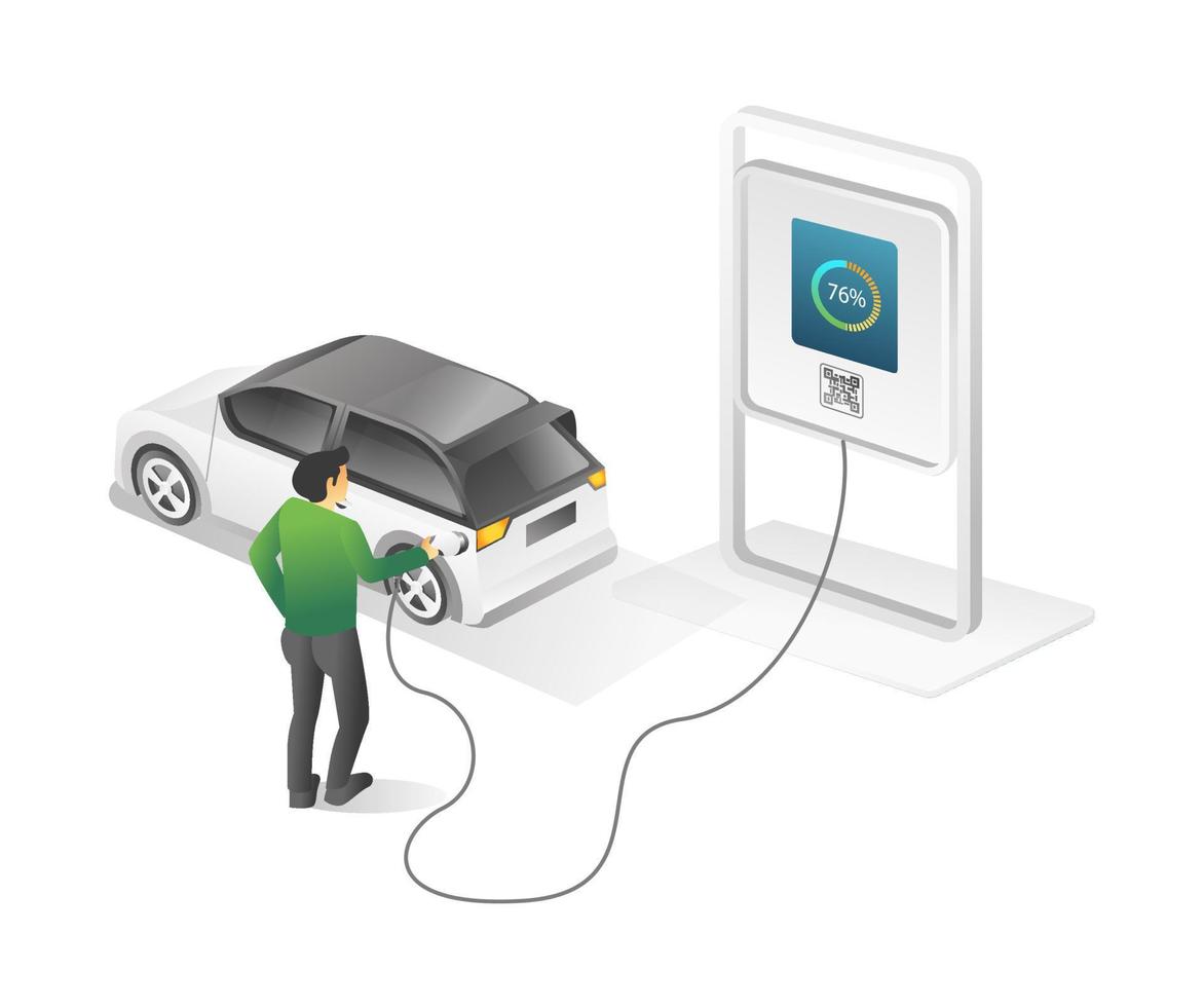 Flat concept isometric 3d illustration of man cashing electric car vector