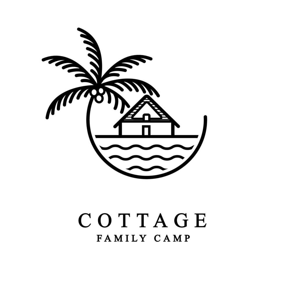 Cabin Cottage with palm tree Logo Vector Illustration Design Line Art Style