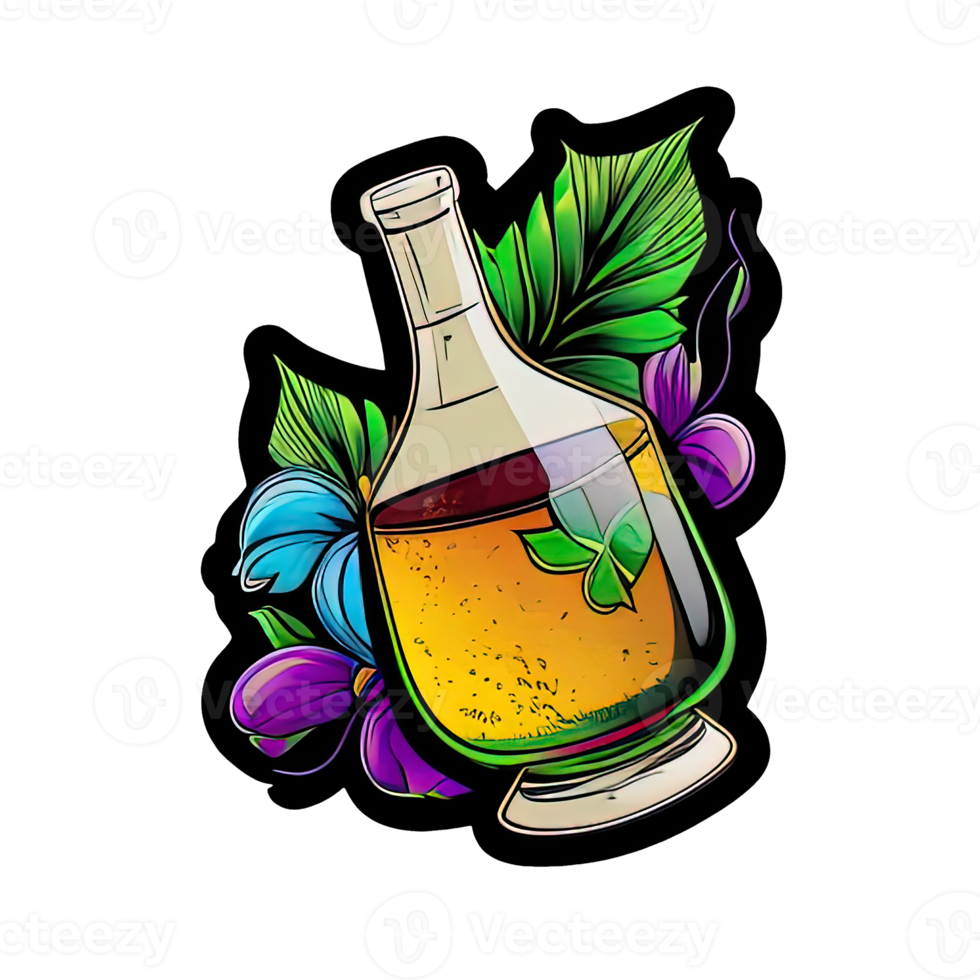 Glass bottle with alcohol for the Mardi Gras masquerade sticker illustration png