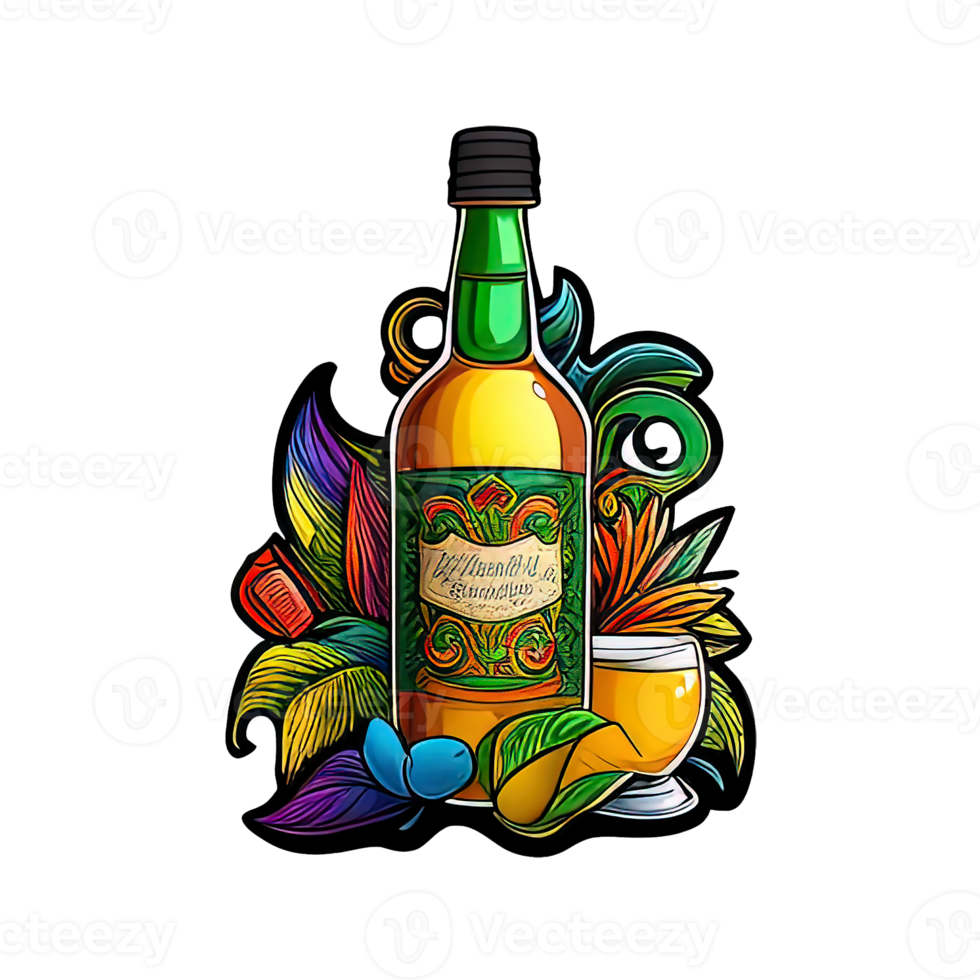 garrafa de vidro com álcool para a ilustração de etiqueta de baile de máscaras de carnaval png