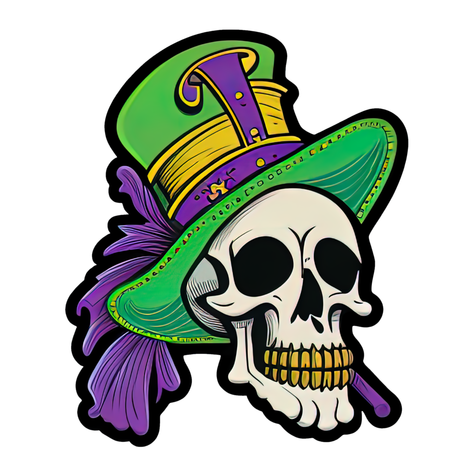 Skull in green hat for the Mardi Gras carnaval sticker illustration png