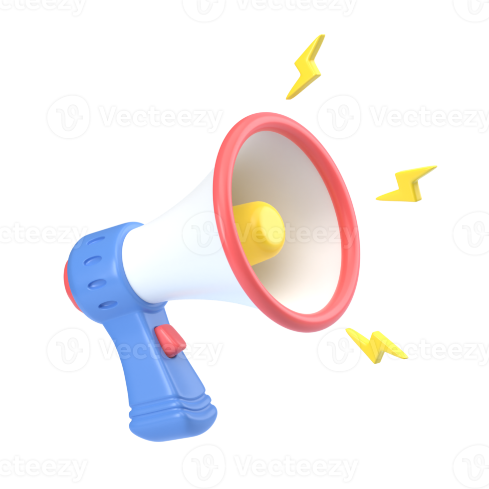 3D rendering of a megaphone with lightning bolts. A symbol of news, advertising, marketing with an empty space. 3D render of realistic plastic loudspeaker png