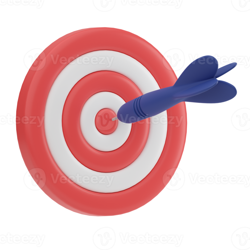 3D render. Darts with a target and a dart. The arrow is in the center of the target. The concept of achieving a goals. Business icon for website design, app, and ui. 3d rendering Isolated illustration png