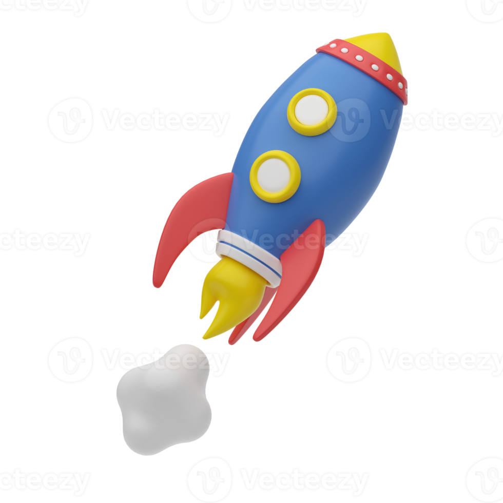 procesamiento 3d cohete de dibujos animados volando hacia arriba. un símbolo de espacio, inicio, logro de objetivos. Icono de negocio de plástico 3d para el diseño de sitios web, aplicaciones e interfaces de usuario. ilustración aislada. png
