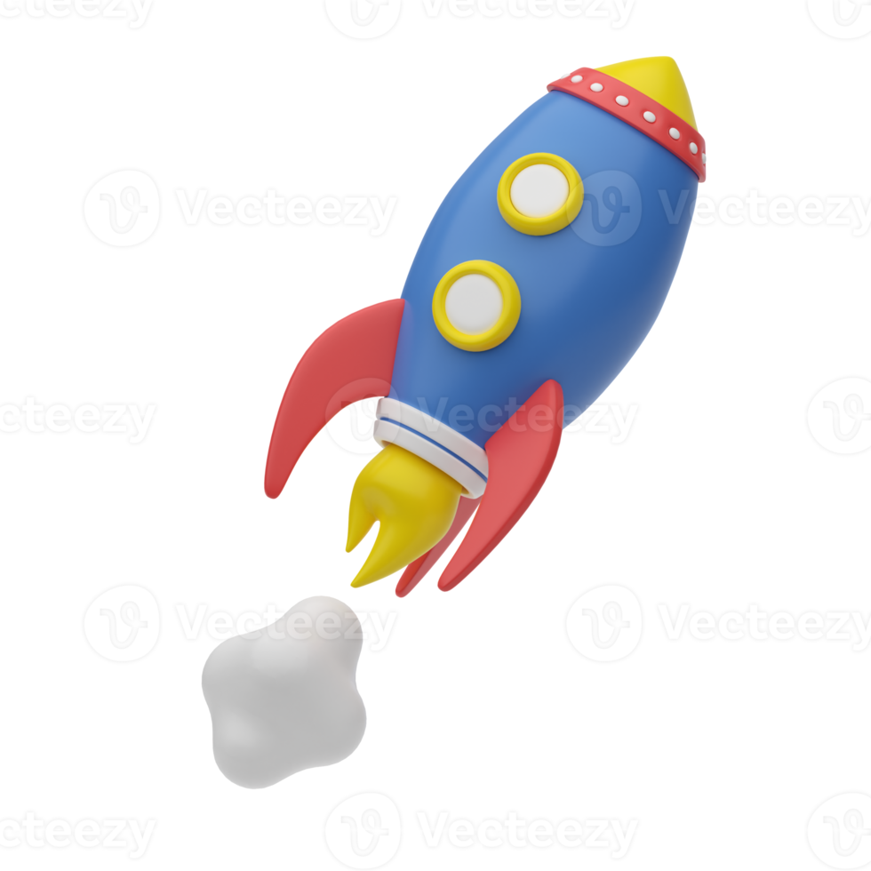 3D render. Cartoon rocket flying up. A symbol of space, startup, achievement of goals. 3D plastic business icon for website, application and user interface design. Isolated illustration. png