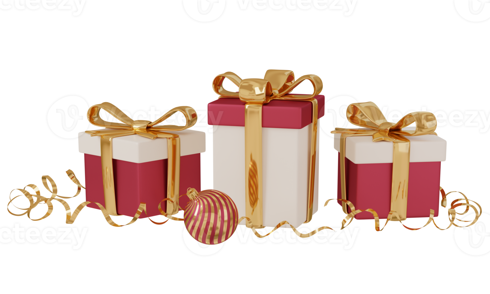 3d-rendering-geschenkboxen mit goldenem band serpentine und weihnachtskugel. rot und gold festliche dekoration für weihnachts- und neujahrskarten, einladungen, flugblätter. isoliert auf weißem Hintergrund png