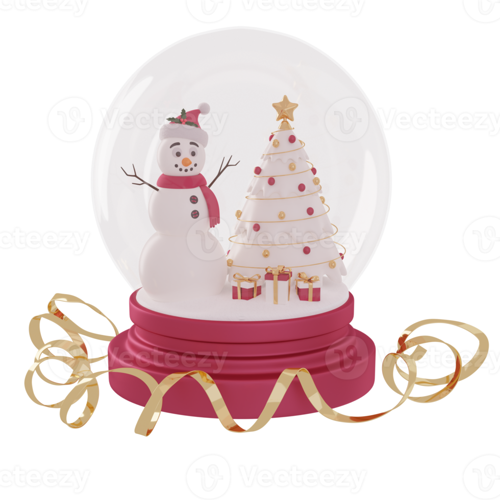 3D render snow globe with Snowman, Christmas tree, gift boxes and golden ribbon serpentine. Red and gold festive decoration for Christmas, New Year cards, invitations. Isolated on a white background png