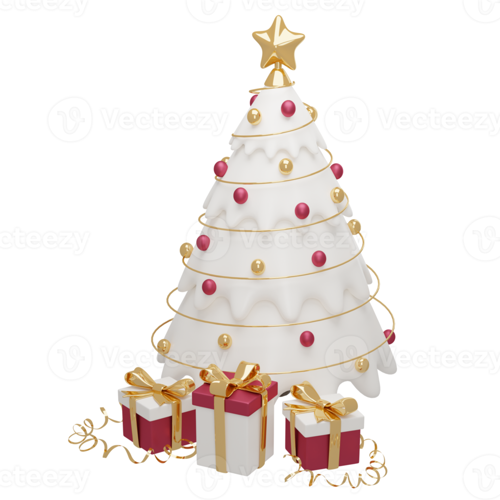 3D render Christmas tree with balls, golden star, gift boxes and serpentine. Red and gold festive decoration for Christmas and New Year cards, invitations, leaflets. png