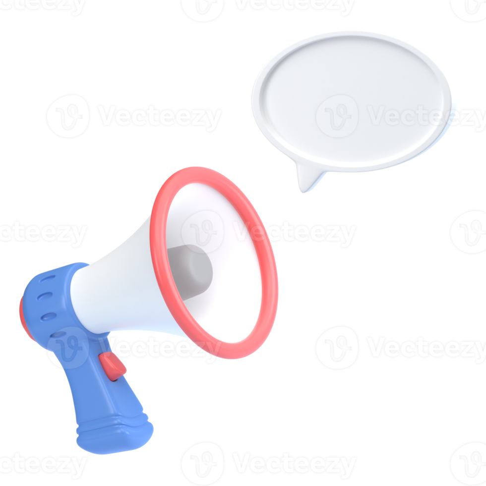 3D rendering of a megaphone with a speech bubble with an empty space for text. A symbol of news, advertising, marketing. Isolated illustration on gray background. Realistic plastic 3d loudspeaker. png
