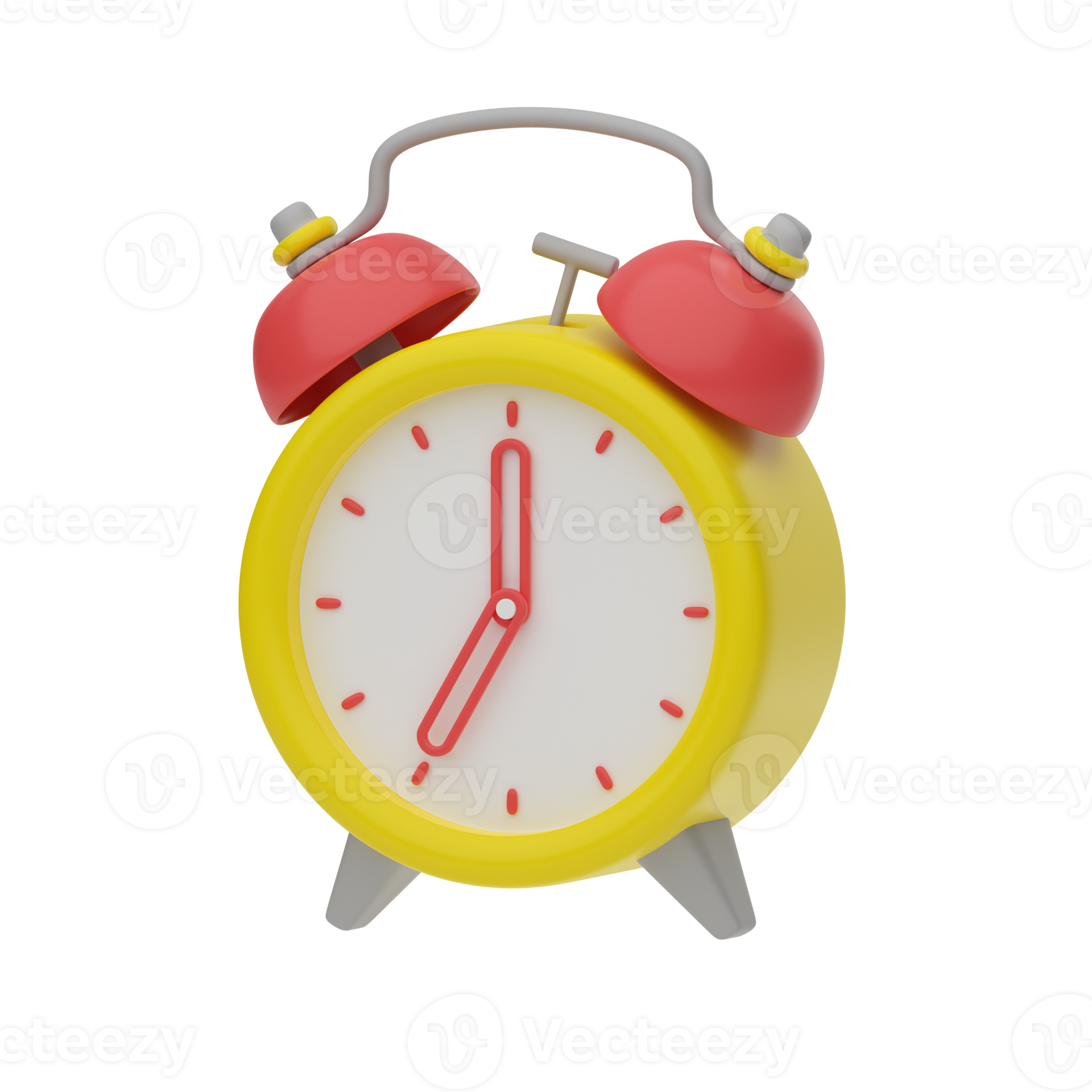 3D rendering of the alarm clock. 7 hours on the dial. Yellow retro