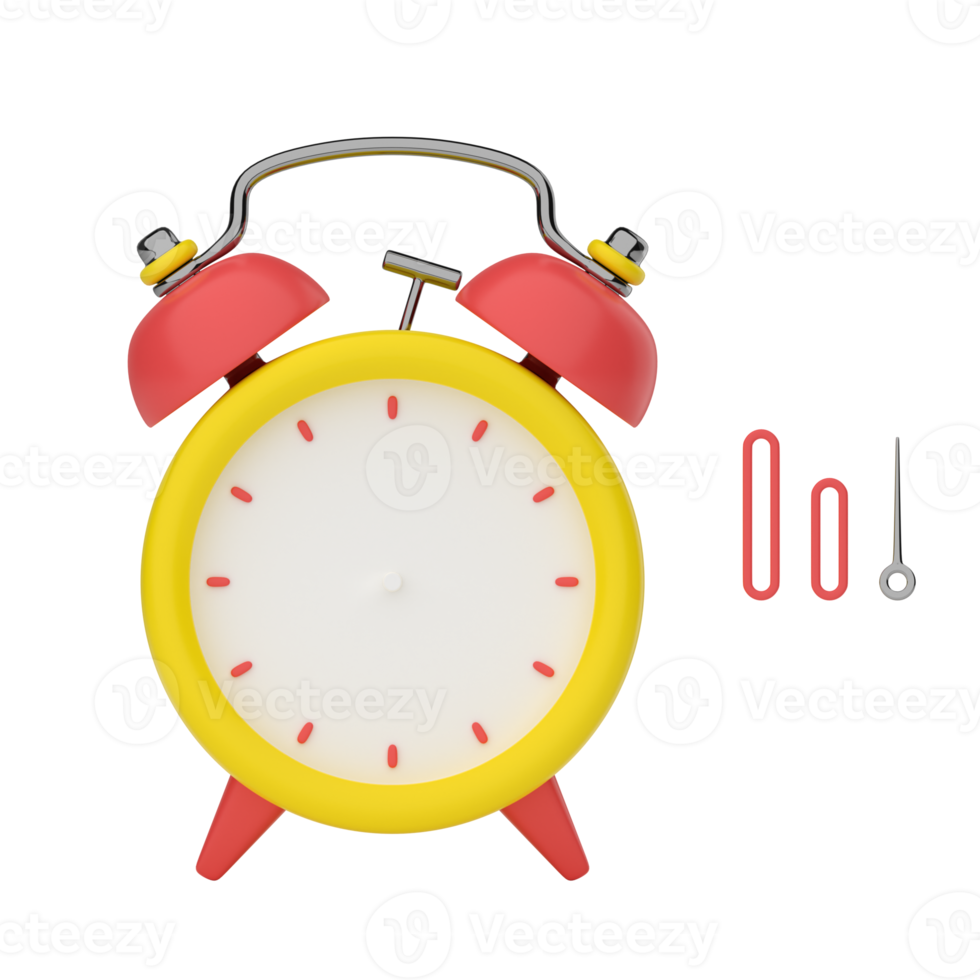 3D rendering of the front view alarm clock. Retro classic alarm clock with empty clock face, without arrows. Separate hour, minute and second hands to set the required time. png