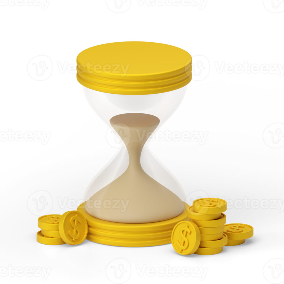 3D rendering of an hourglass with dollar coins. The concept of time is money. Vintage hourglass with clear glass. png