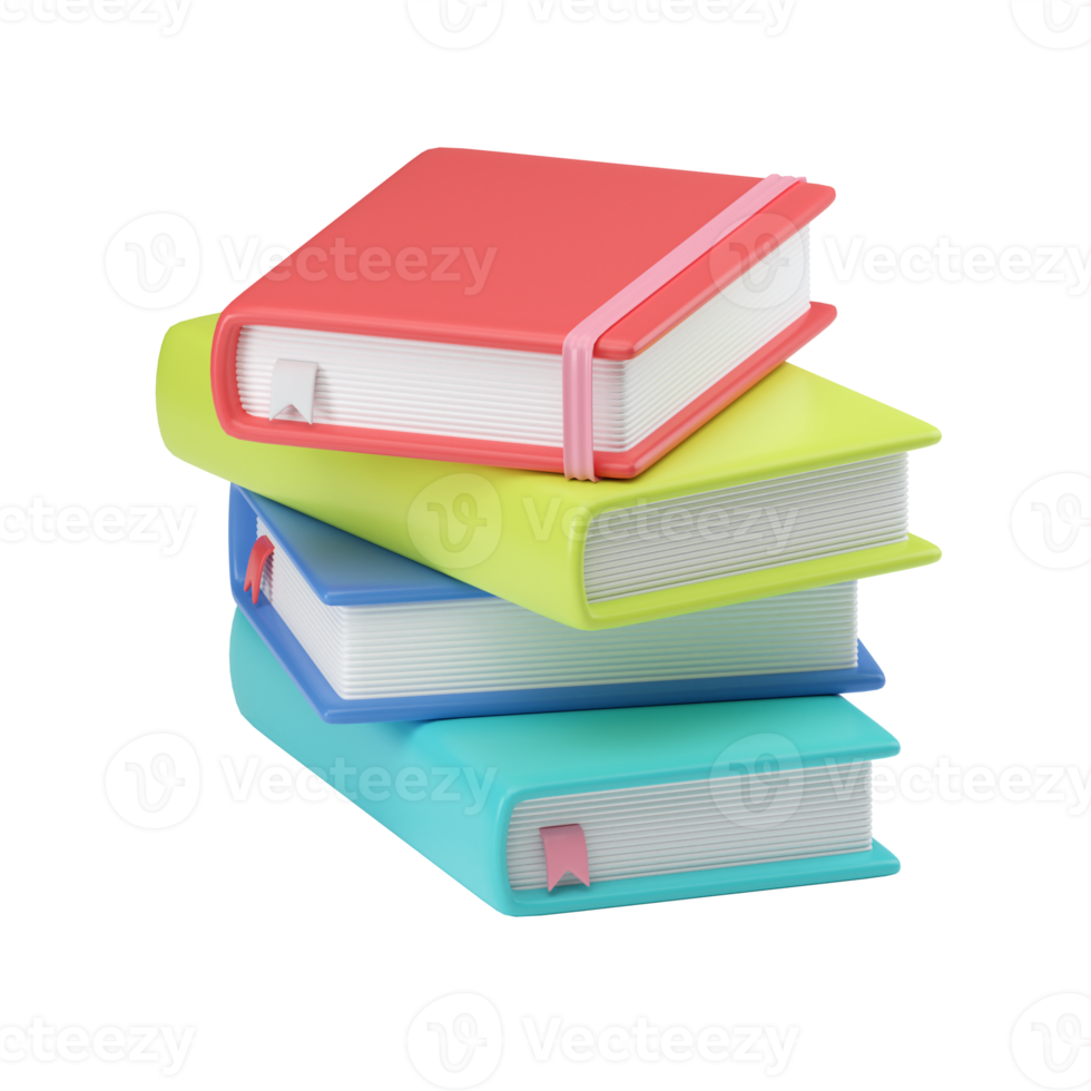 3D render of a stack of brightly colored books with a bookmark. A pile of textbooks, notebooks, books. A symbol of learning, school, business. png
