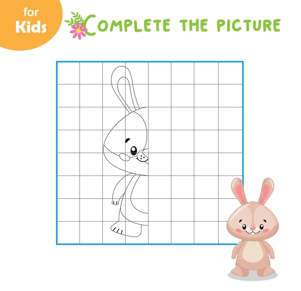 Color And Play. Learn To Draw A Cute Bunny By Cells. Drawing Trainer. Simple Coloring Book For Kids, School Preparation, Learning, Entertainment. The Development Of Fine Motor Skills. Puzzle, Workbook vector