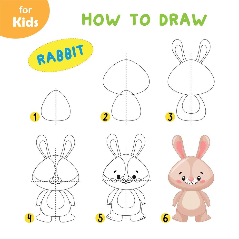 How To Draw A Cute Rabbit Step By Step. Drawing For Children, Learning. A Simple Picture Of A Rabbit For Younger Children. Preparation For School. A Series Of Drawings Of Cute Animals. vector