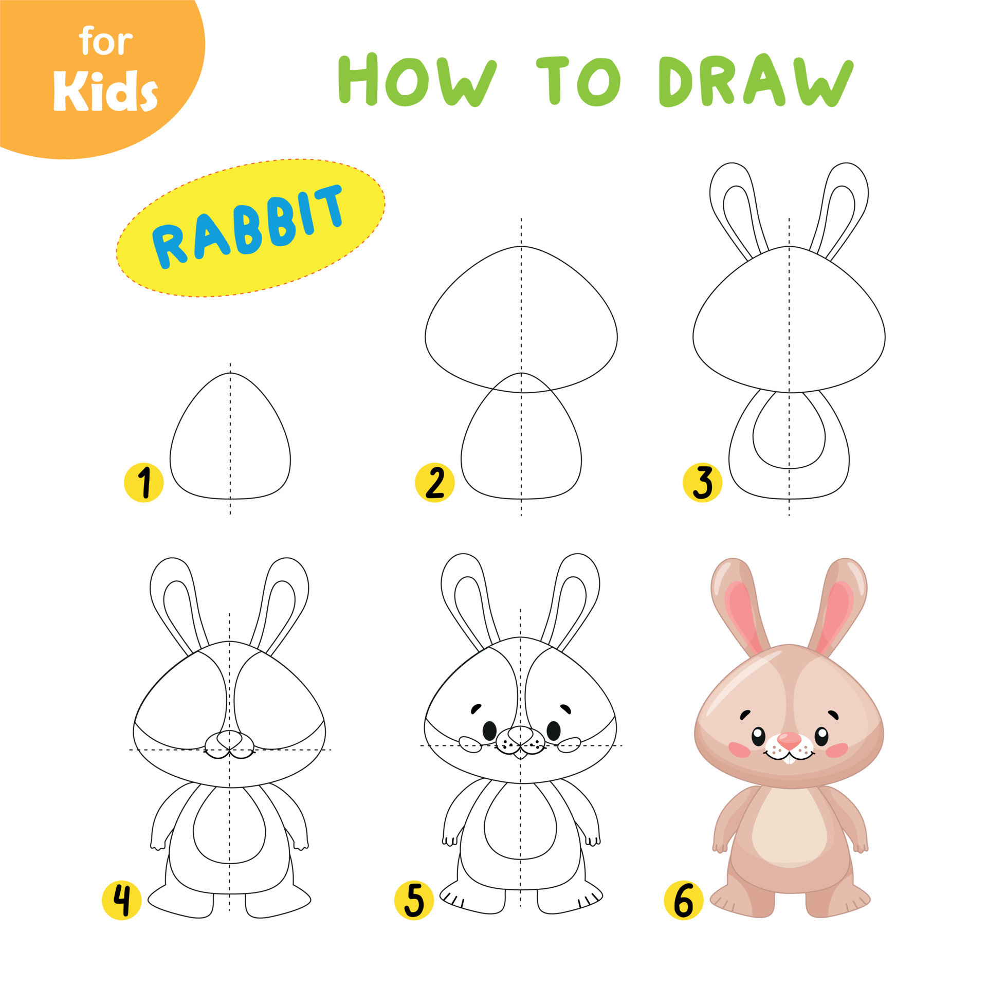 How To Draw A Cute Rabbit Step By Step. Drawing For Children, Learning. A  Simple Picture Of A Rabbit For Younger Children. Preparation For School. A  Series Of Drawings Of Cute Animals.