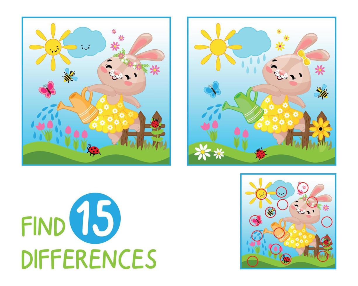 Find 15 Differences Between The Ballerina Bunny Watering The Flowers In The Meadow - A Fun And Educational Game For Kids. Improving Attention To Detail, Logic, Puzzle, Activity Book, Workbook vector