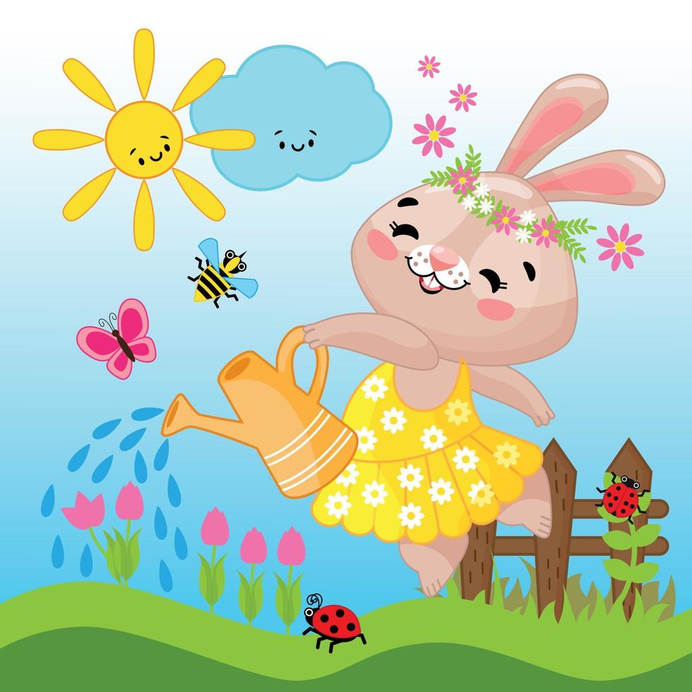 Picture In Cartoon Style. A Cute Rabbit Ballerina Is Dancing And Watering Flowers. Illustration For Children's Book, Educational Project. A Series Of Cute Animals. Spring, Easter vector