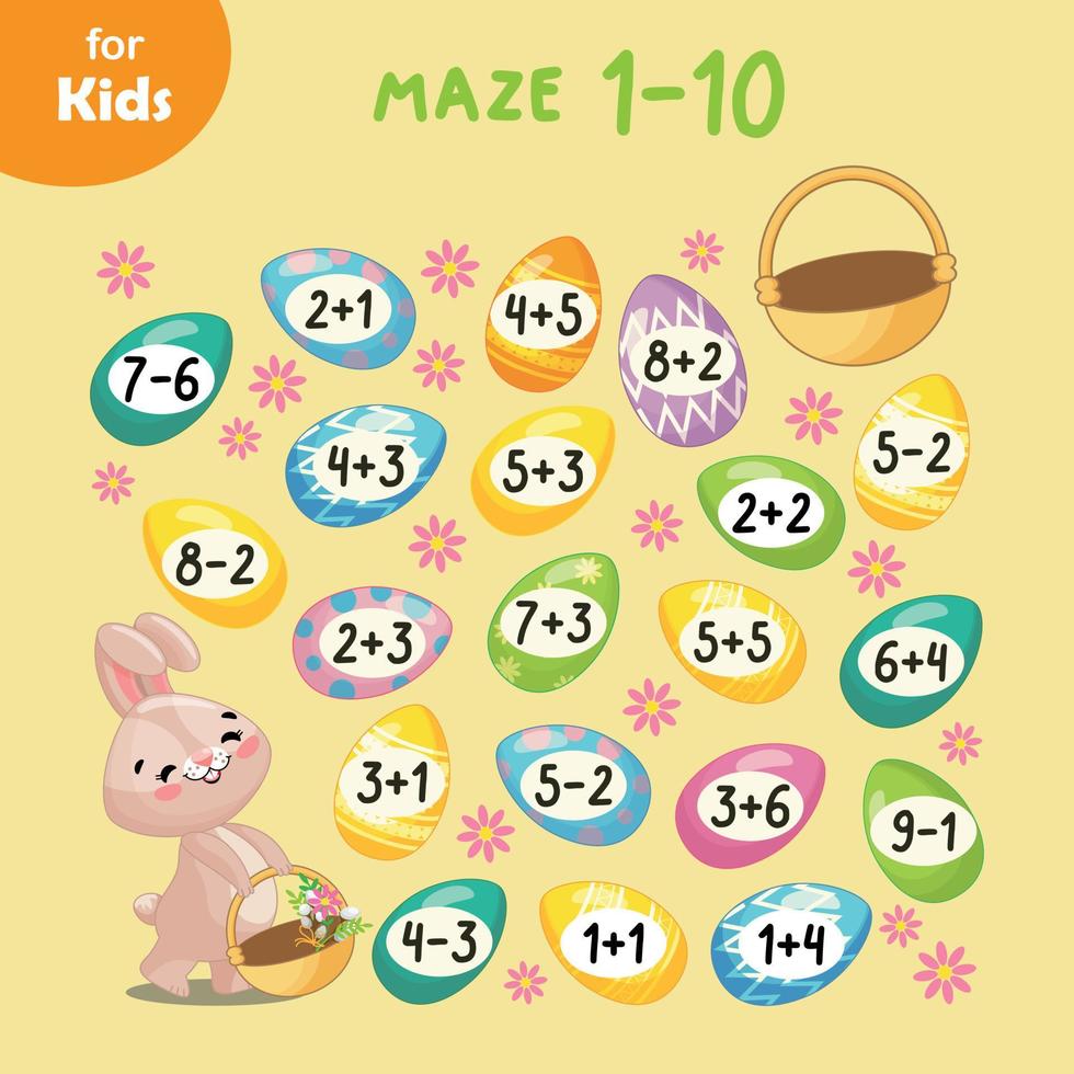 Solve The Examples And Solve The Math Maze. Help The Easter Bunny Collect The Right Eggs In The Basket. Training, Teaching Children. Workbooks For Children. For Kids, Learning, Entertainment, Puzzle vector