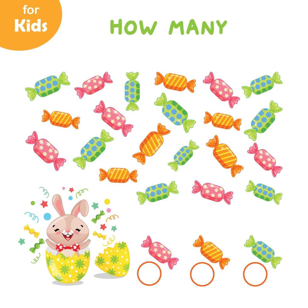 The Easter Bunny Jumps Out Of The Egg. Help The Rabbit Count And Collect All The Candies. We Train Mindfulness, Counting. Workbook For Children. For Kids, Learning, Entertainment, Concentration Skills vector