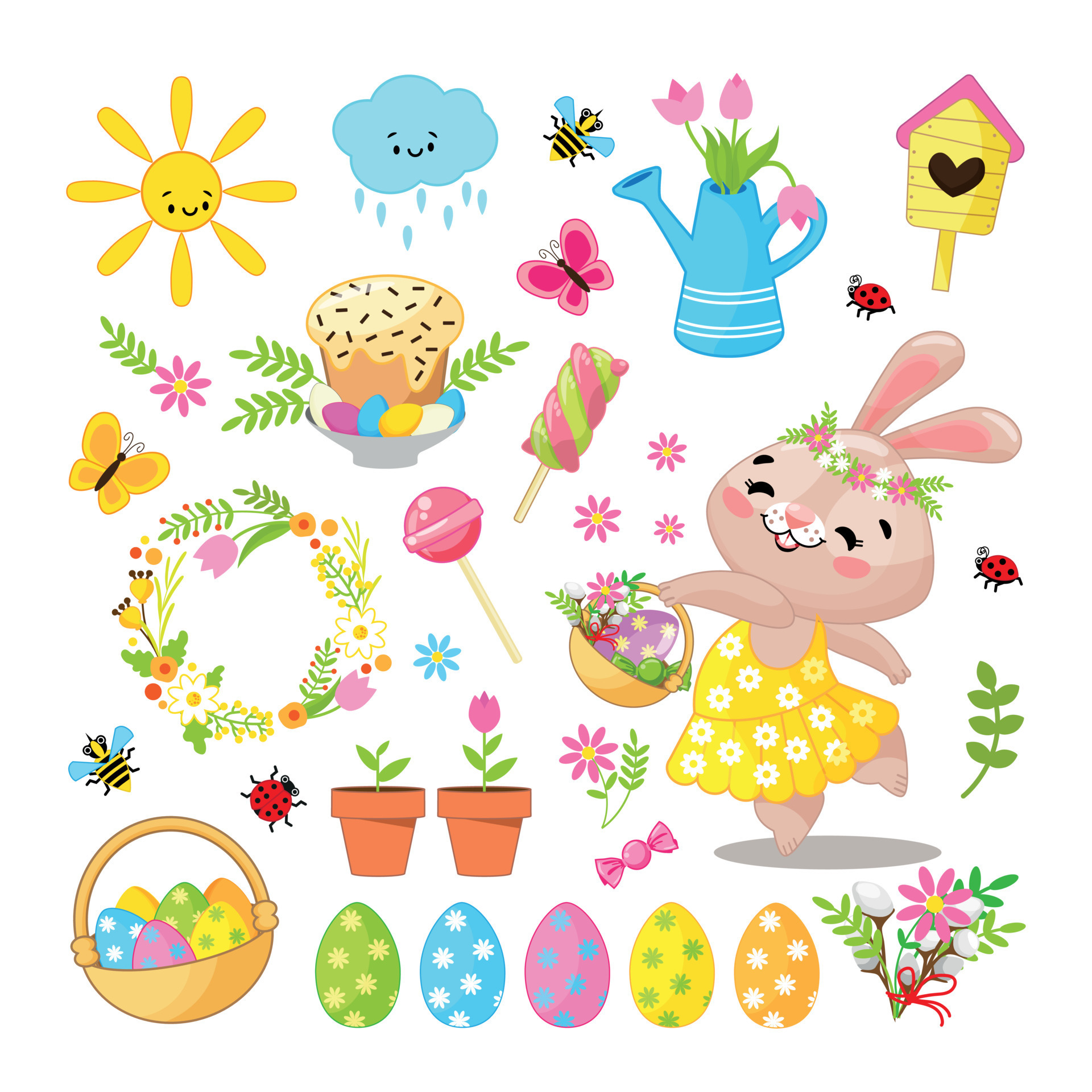 Easter Set Of Design Elements And Images In Cartoon Style On The Theme Of  Easter. Easter Bunny, Flowers, Birds, Painted Eggs On White Background,  Isolated Cut Out Object. Rabbit Ballerina With Basket