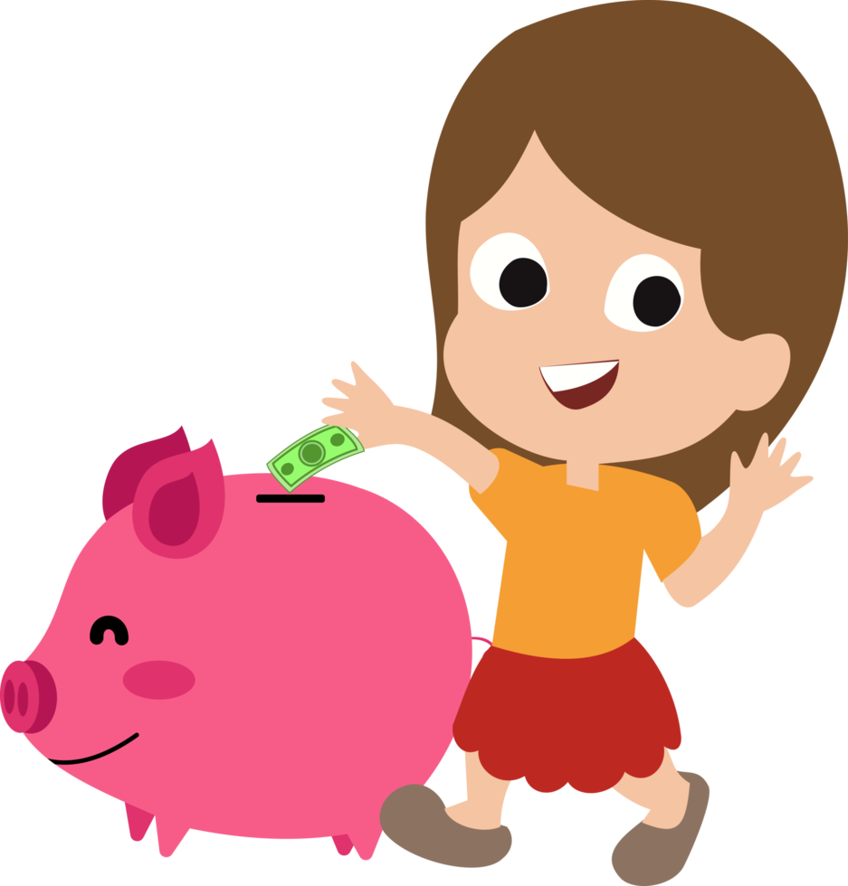 Illustration des kleinen Mädchens, das Dollarschein im Sparschwein spart. Konzept des Sparens für Kinder. Kinder lernen, Geld zu sparen png