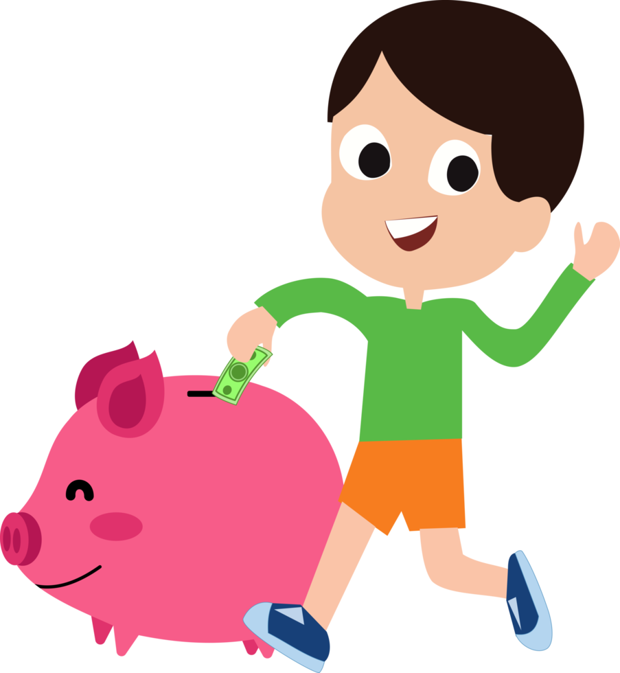 Illustration eines Jungen, der einen Dollarschein in ein Sparschwein steckt. Konzept des Sparens für Kinder. Kinder lernen, Geld zu sparen png