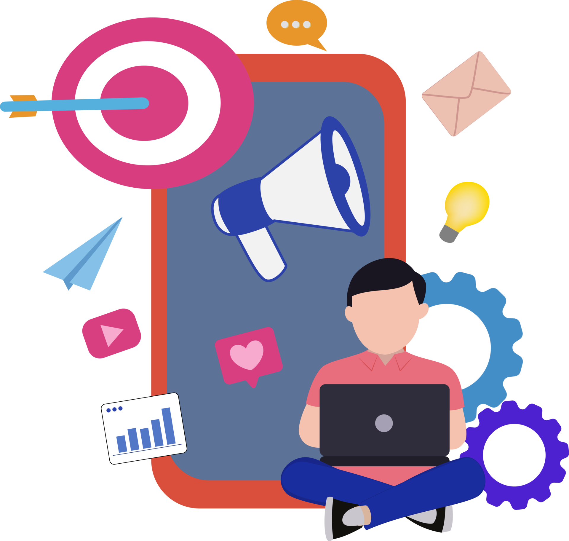 man doing online marketing. illustration of online man sitting at work