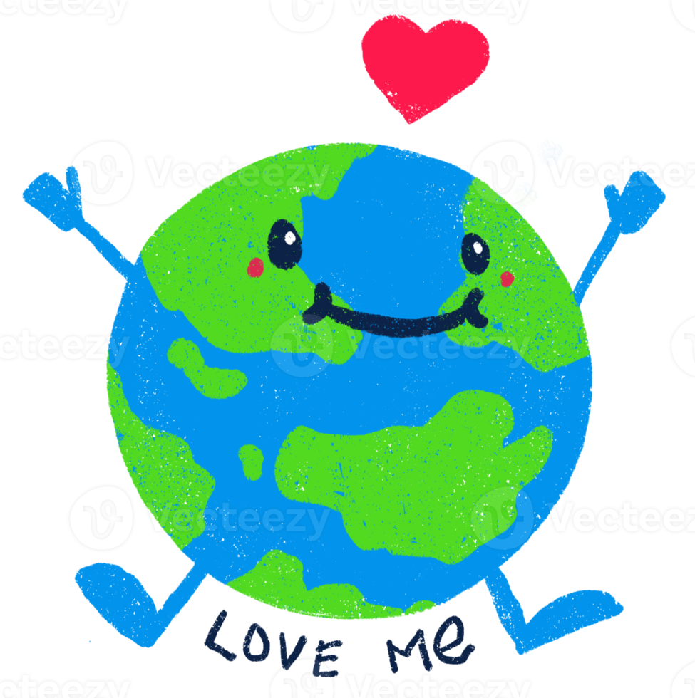 Cartoon cute earth character hugging hands with love. Save the earth concept illustration png